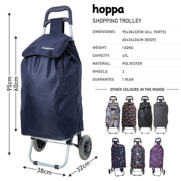 Hoppa Lightweight Shopping Trolley Folding 2 Wheel Large Capacity Shopper (Navy 140) - Packed Direct UK